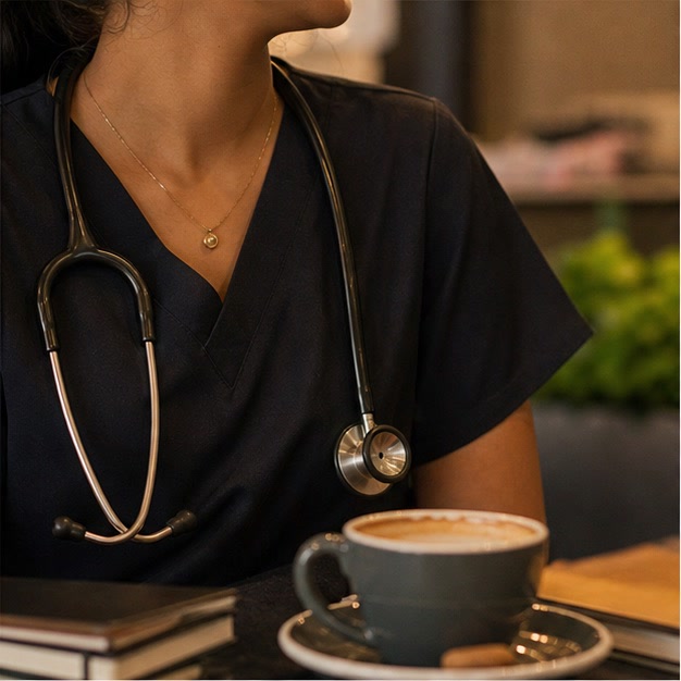 Verified doctor in scrubs with a stethoscope in a quiet cafe setting.