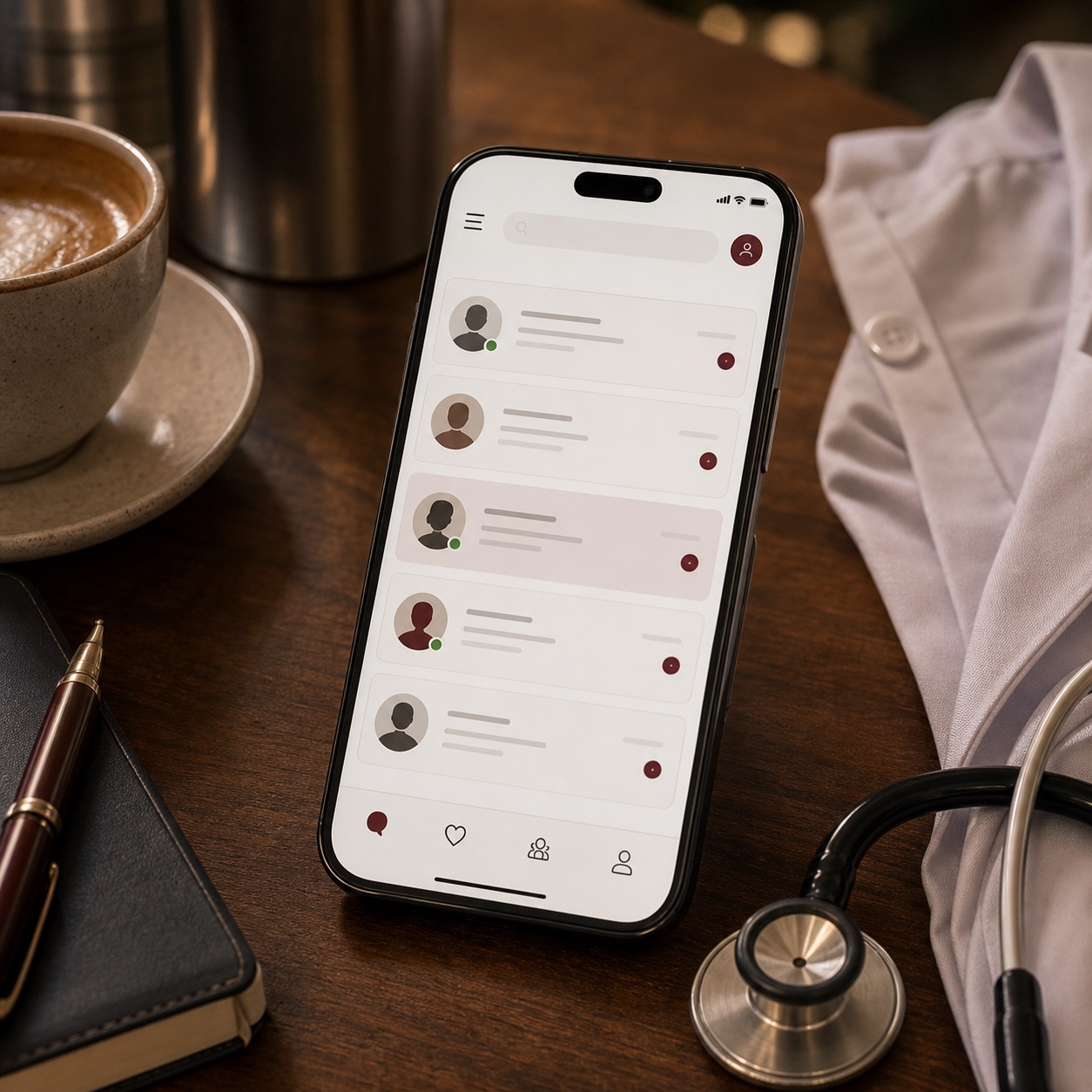 A phone showing five abstract conversation slots beside coffee and a stethoscope.