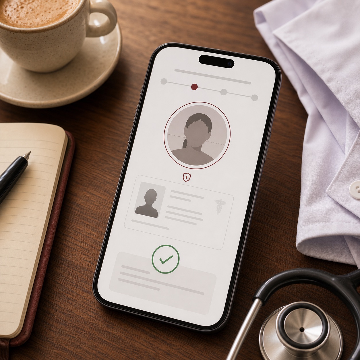 A phone showing an abstract doctor verification flow beside coffee and a white coat.